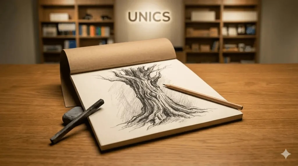 A charcoal study of a tree on a cartridge pad, with a pencil and a stick of charcoal.