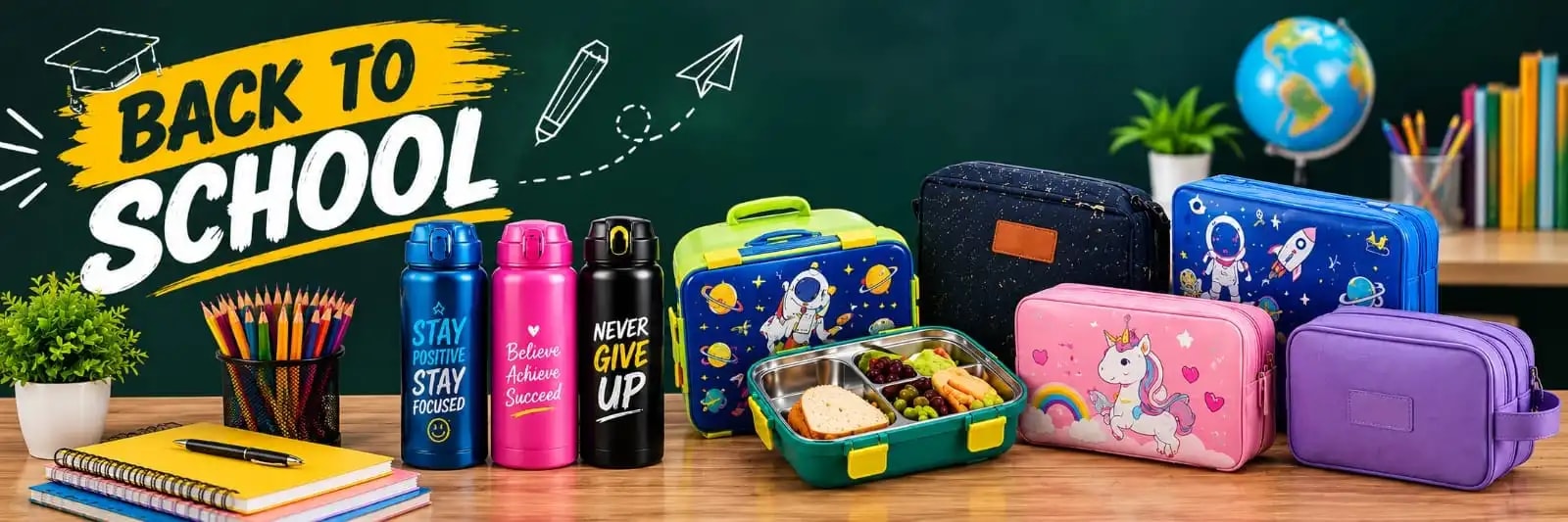 Back to School. Water bottles, lunch boxes, pencil cases, notebooks and colouring pencils.