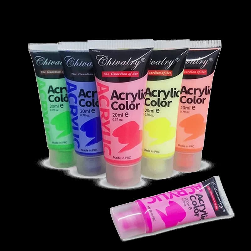 Six 20ml tubes of Chivalry acrylic colour, fanned out.