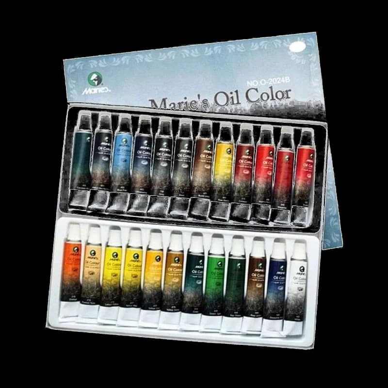 An open box of Marie's oil colour holding twenty-four tubes in two rows.