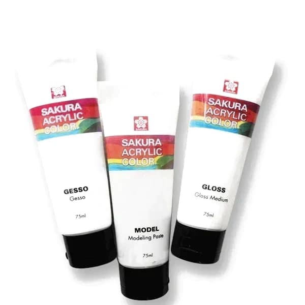 Three 75ml Sakura tubes: gesso, modelling paste and gloss medium.