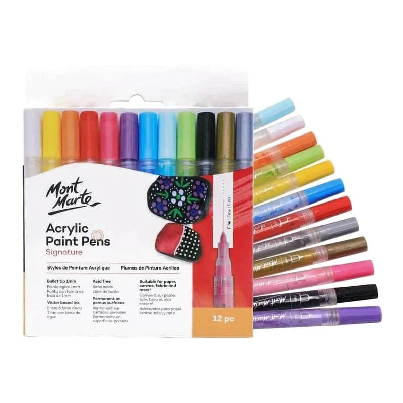 A twelve-pack of Mont Marte acrylic paint pens fanned out beside its box.