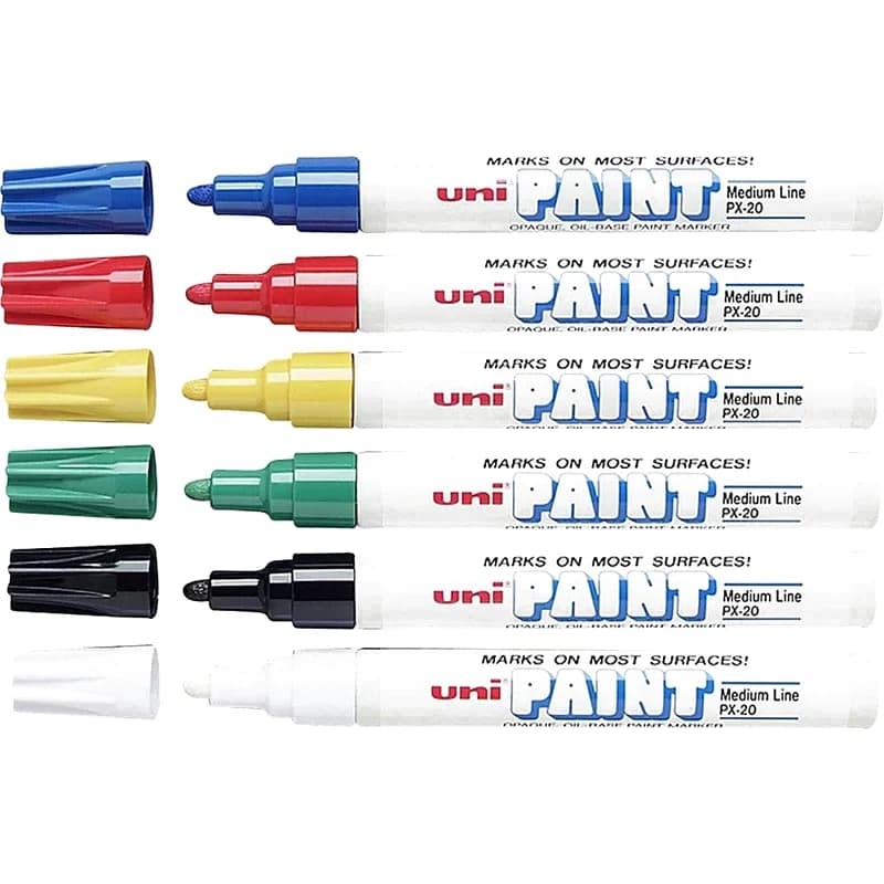 Six uni PAINT PX-20 markers in blue, red, yellow, green, black and white.